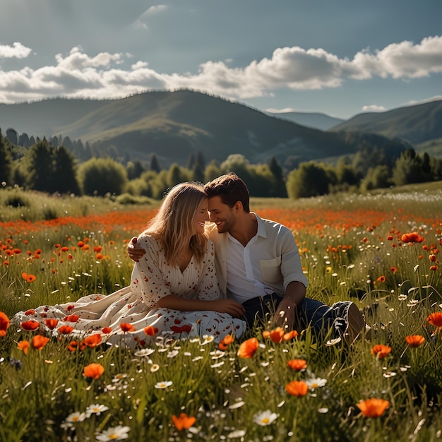 Photo a couple in a field of flowers with mountains in the background