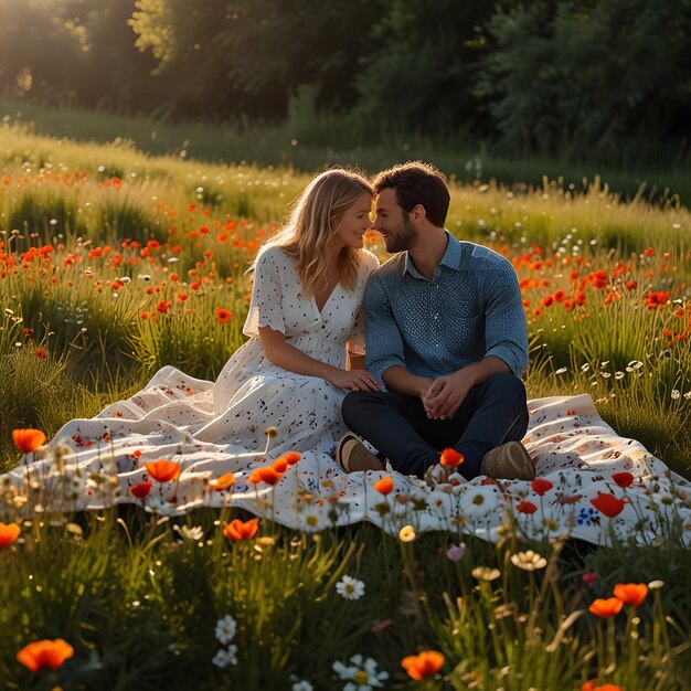 a couple in a field of flowers with the sun setting behind them