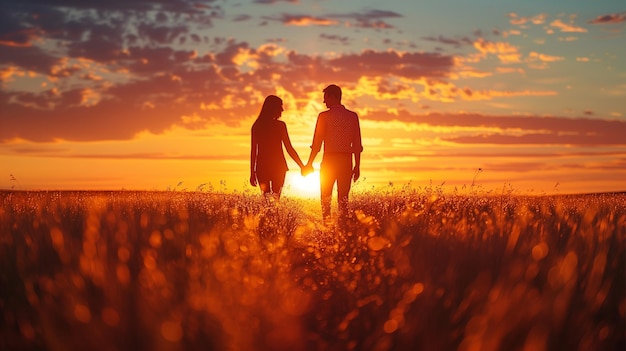 a couple in a field of flowers with the sun behind them