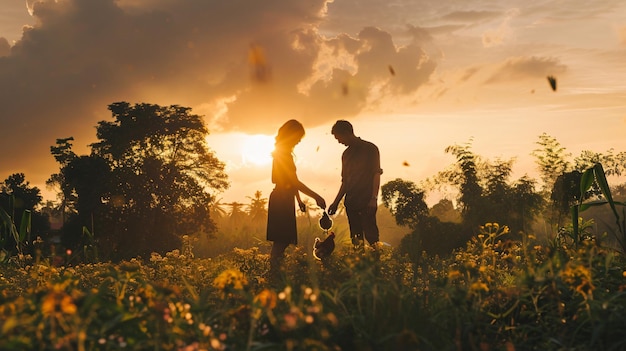 a couple in a field of flowers with a sunset in the background