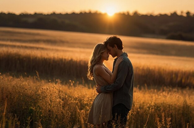 a couple in a field of golden grass at sunset