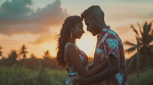 a couple in a field of grass with the sun behind them