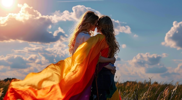 a couple in a field of grass with the sun behind them