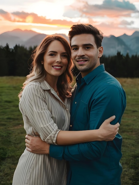 a couple in a field of mountains with the sun setting behind them