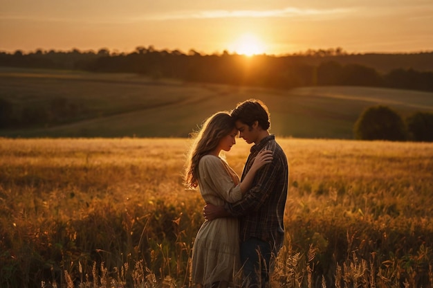 a couple in a field of wheat at sunset