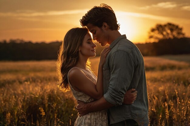 a couple in a field of wheat with the sun behind them