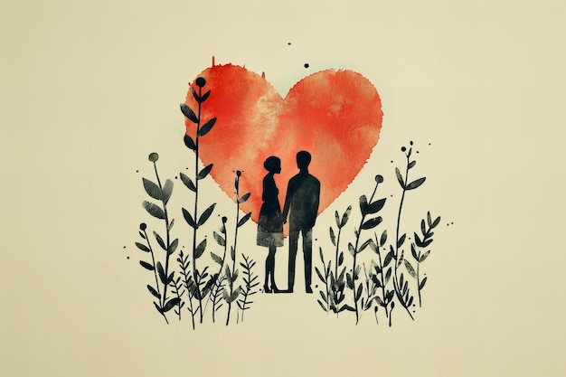 A couple in a field with a heart drawing