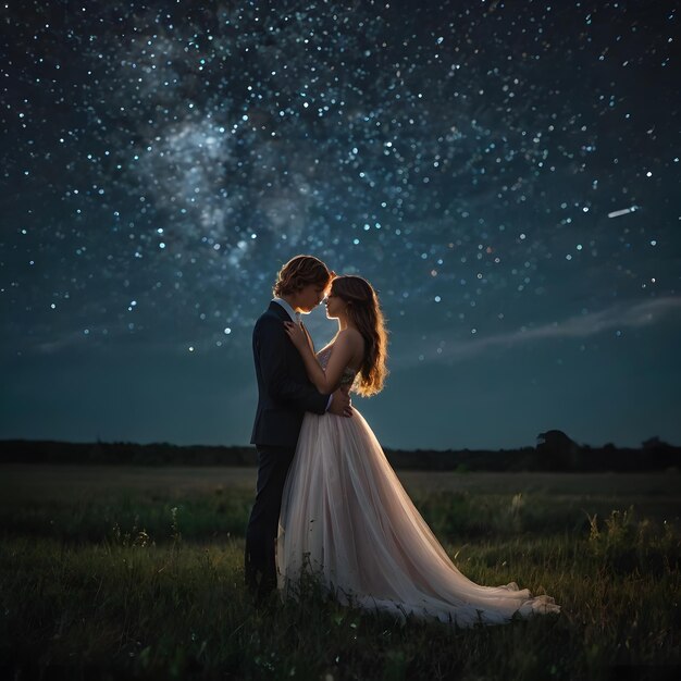 Photo a couple in a field with the stars behind them