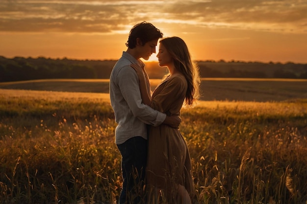 a couple in a field with the sunset behind them