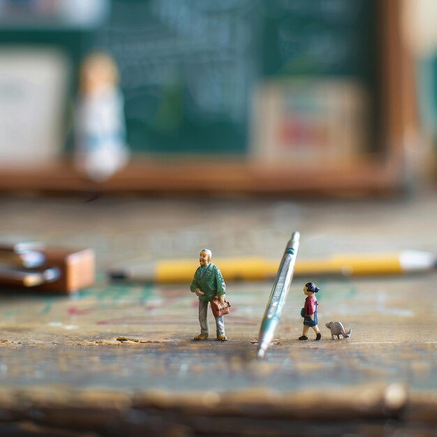 Photo a couple of figurines are on a table with a pencil and a pencil