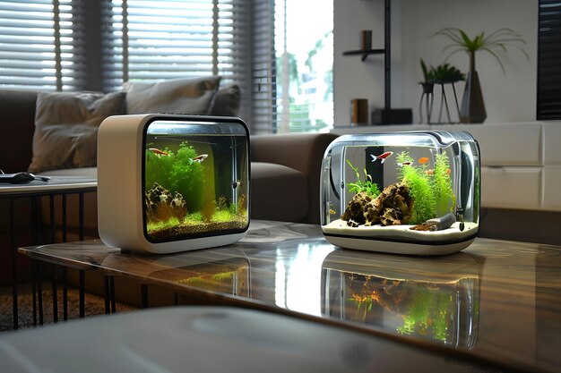 Photo couple of fish tanks placed on tabletop