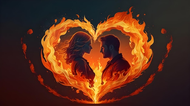 Photo a couple in flames with a heart in the background