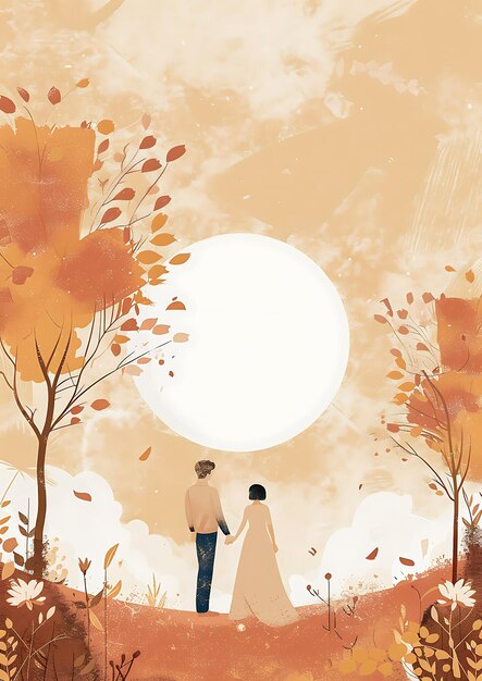 a couple in a forest with a white circle in the background