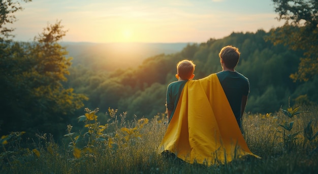 a couple in a forest with a yellow cape and a yellow cape looking at the sunset