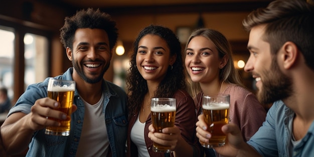 a couple of friends are drinking beer in a bar