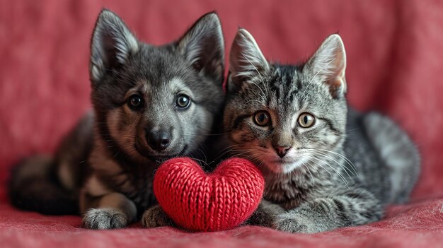 couple of friends a striped cat and dog puppy are lying with knitted red hearts