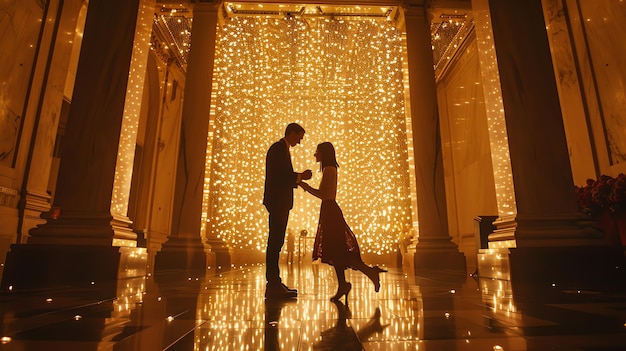 a couple in front of a backdrop of lights and a couple in front of a large backdrop