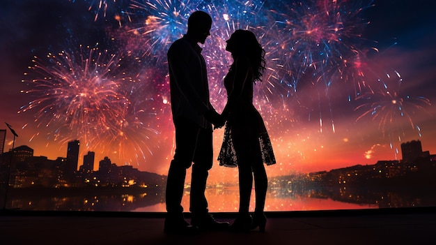 a couple in front of a fireworks display with fireworks in the background.