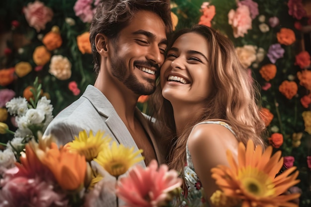 A couple in front of a flower wall