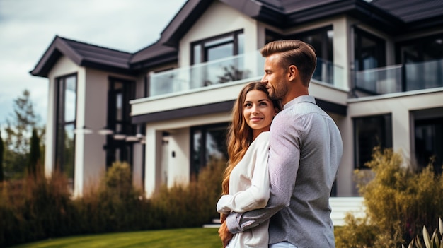 a couple in front of a house with a sky background.