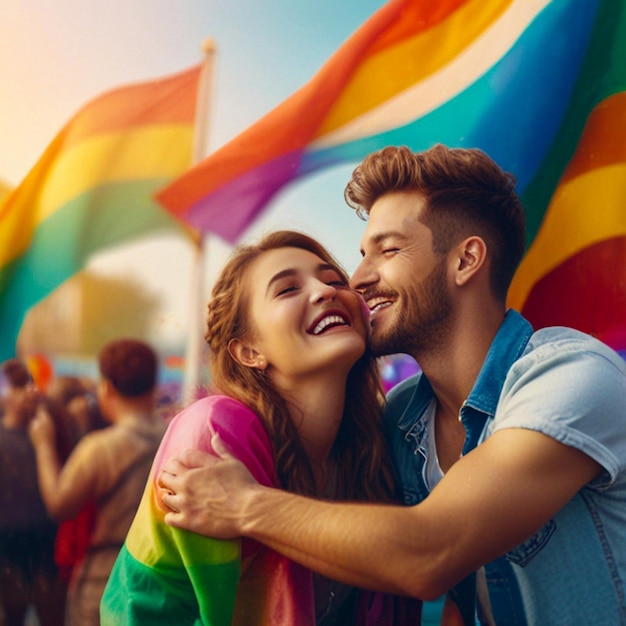 a couple in front of a rainbow flag with a rainbow flag behind them