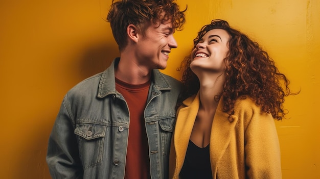 A couple in front of a yellow wall