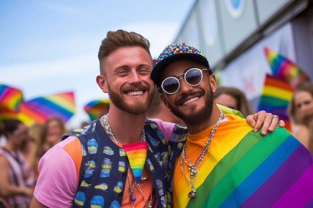 Photo couple of gay friends enjoying the gay pride day parade