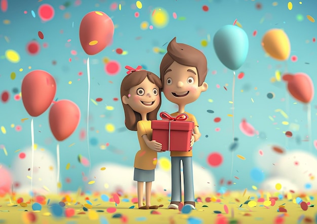 Couple next to gift special holiday offer Birthday surprise 3D cartoon animation