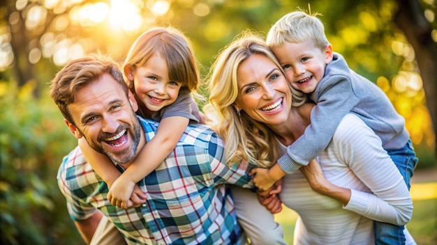 Couple giving two young children piggyback rides smiling Happy family photo