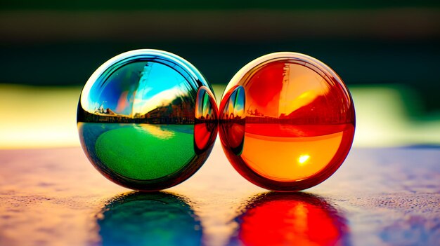 Couple of glass balls sitting on top of table next to each other