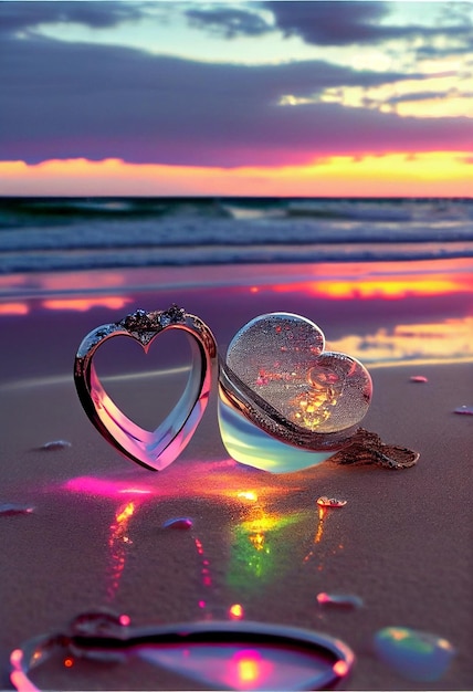 Couple of glass hearts sitting on top of a sandy beach generative ai