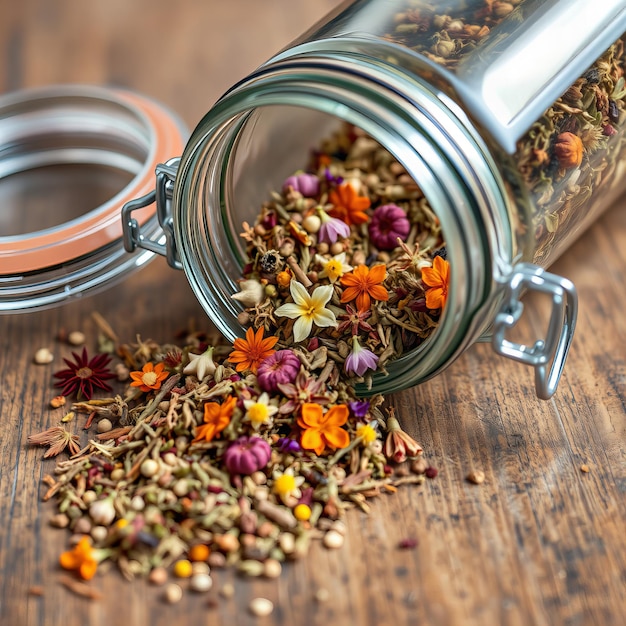 Photo a couple of glass jars with flowers and a small one that says  sprinkle