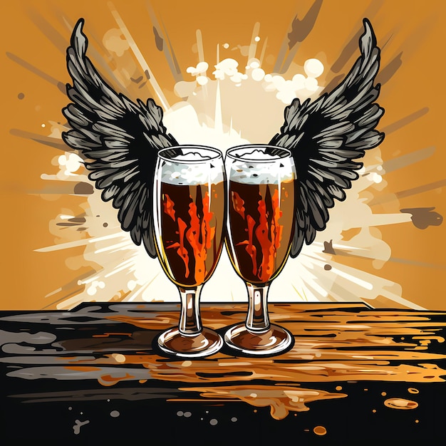 Couple of glasses of beer with wings on table Generative AI