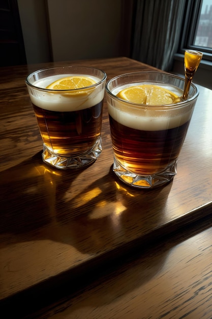 A Couple Of Glasses Filled With Liquid Sitting On Top Of A Wooden Table