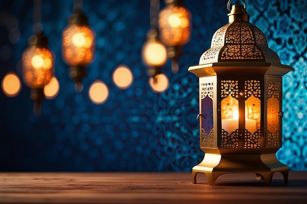 Couple of glowing Moroccan ornamental lanterns on the table Greeting card invitation for Muslim holy month Ramadan Kareem festive blue night background with glittering golden bokeh lights