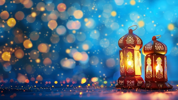 couple of glowing moroccan ornamental lanterns on table