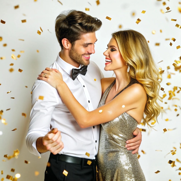 Photo a couple in a gold dress and bowtie are posing for a photo