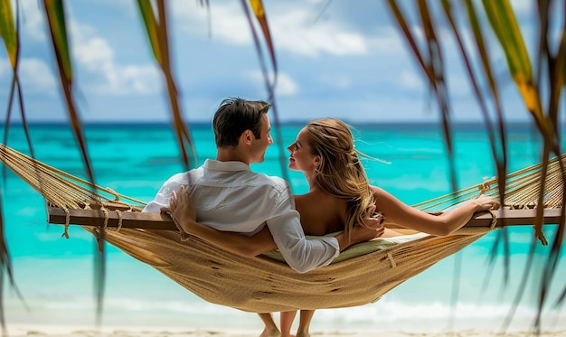 a couple in a hammock on a beach with palm trees in the background