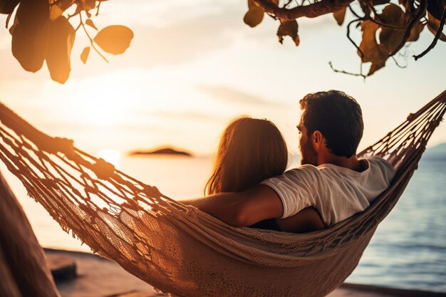 Photo a couple in a hammock with a sunset in the background