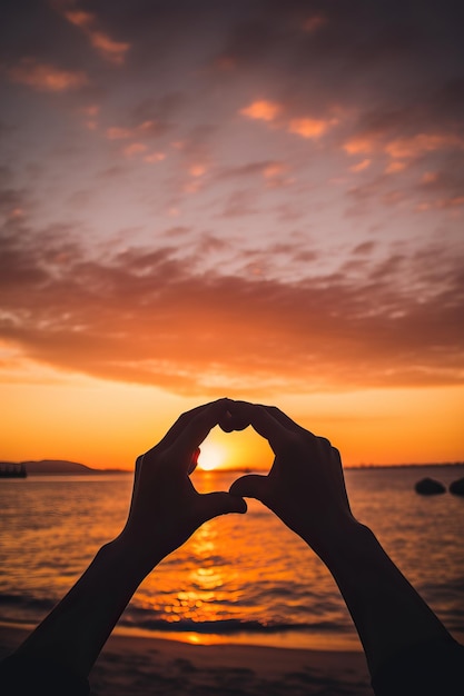 couple hands making heart shape on beach during sunset in the style of documentary travel photo