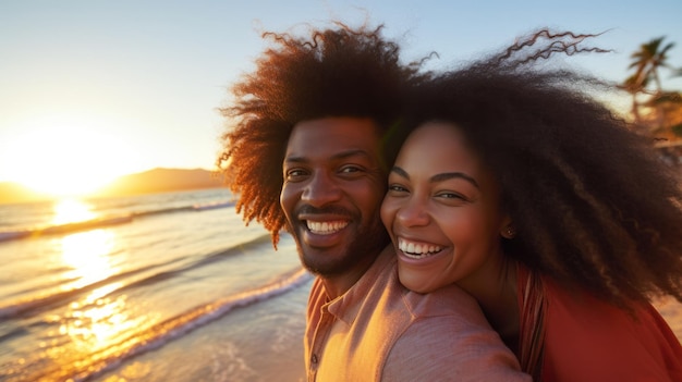 A couple happily spends time on the beach