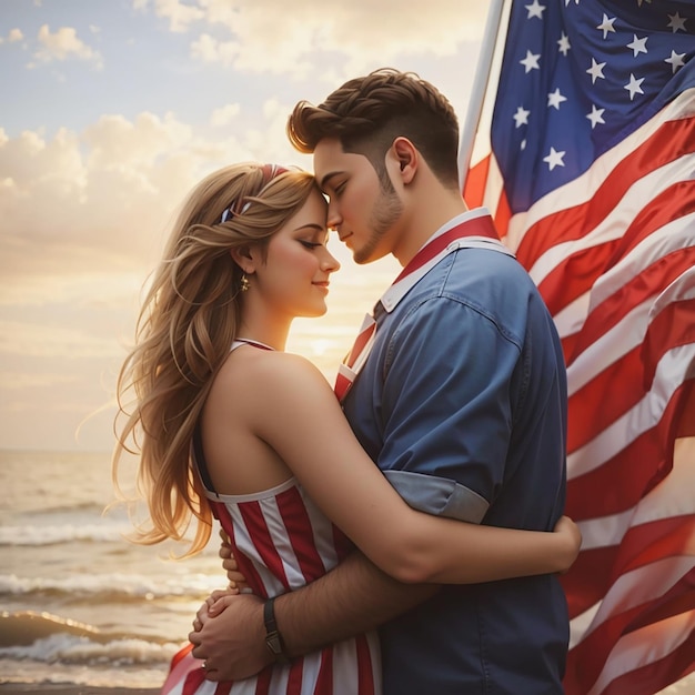 Couple Happy Independence Day with American Flag