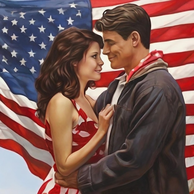 Couple Happy Independence Day with American Flag