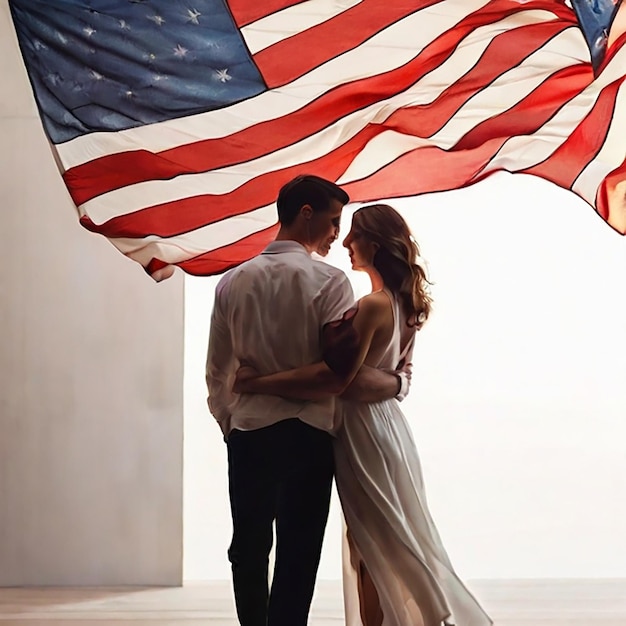 Couple Happy Independence Day with American Flag