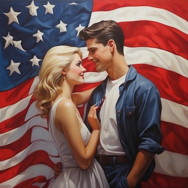 Couple Happy Independence Day with American Flag