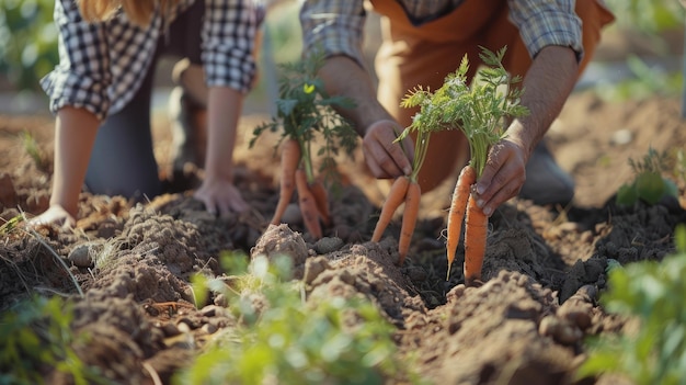 Couple harvesting carrots from the ground