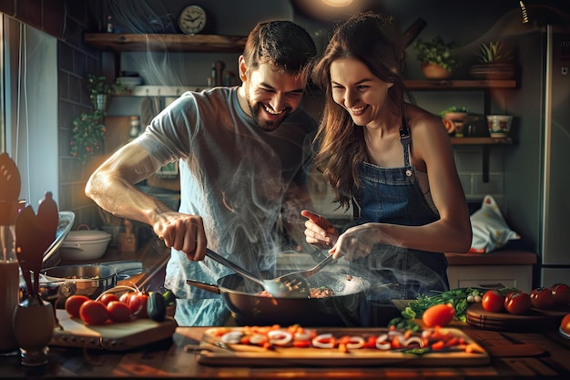 Photo couple having fun while cooking together