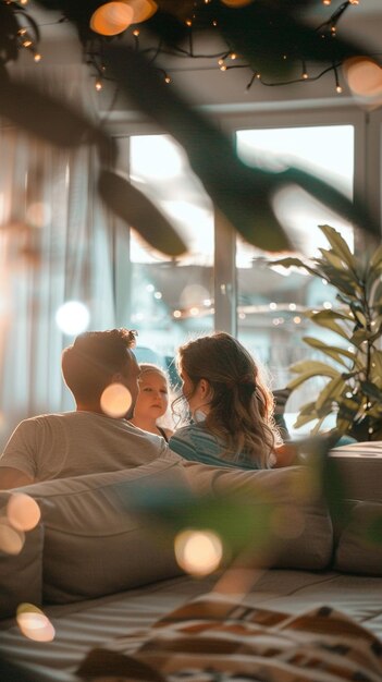 Photo a couple having a happy discussion in their air conditioned lounge while the children play in the background on the sofa bokeh