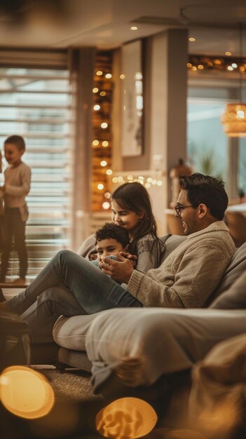 Photo a couple having a happy discussion in their air conditioned lounge while the children play in the background on the sofa bokeh