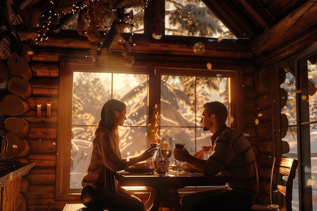 Photo couple having a romantic dinner in a cozy cabin oc